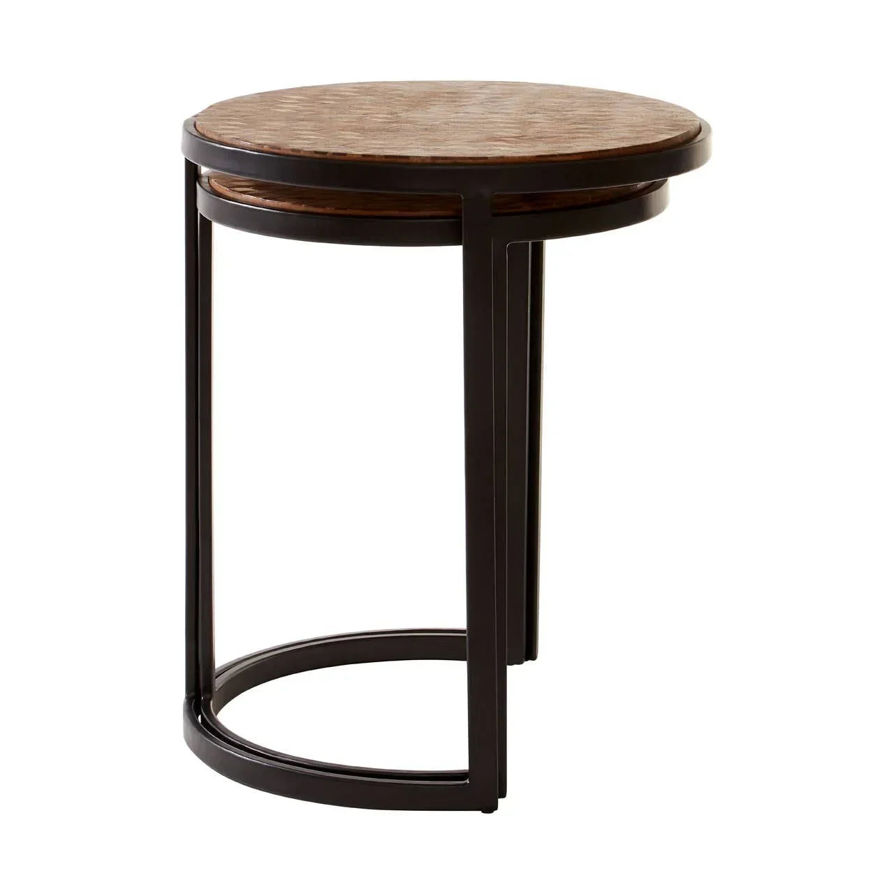 Round wood top side table with black metal frame, modern nest design