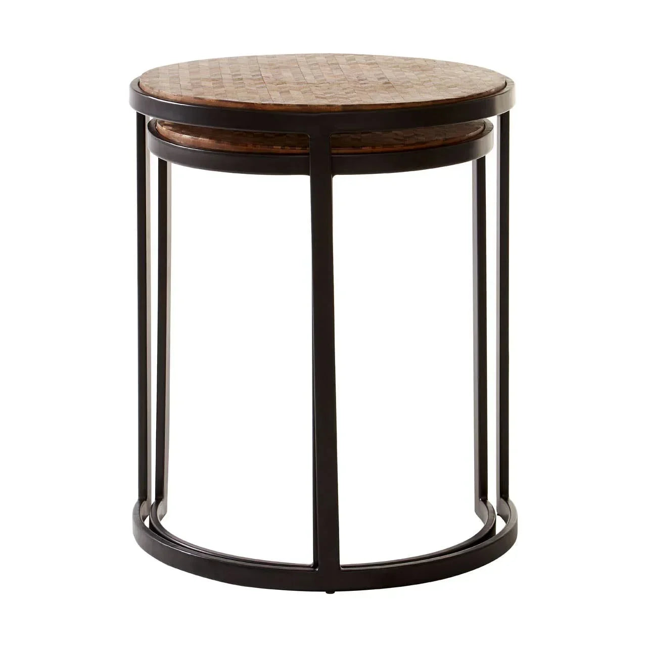 Round nesting side table with black metal frame and wood top