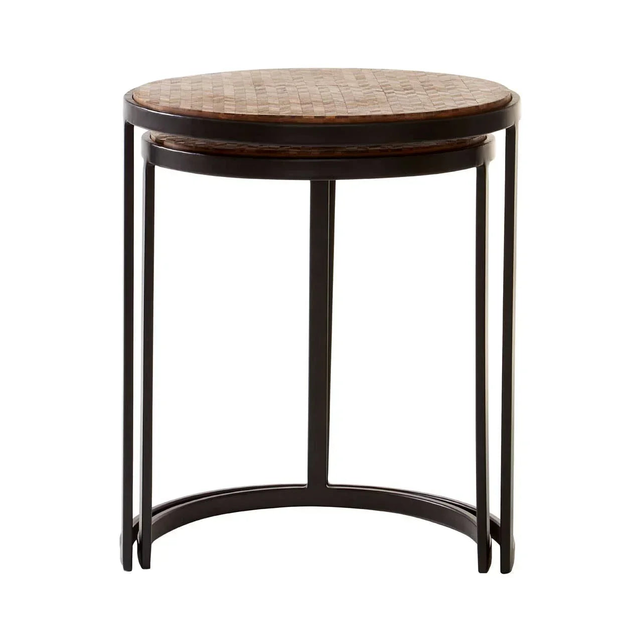 Round wooden nesting side table with metal frame, shown from the front