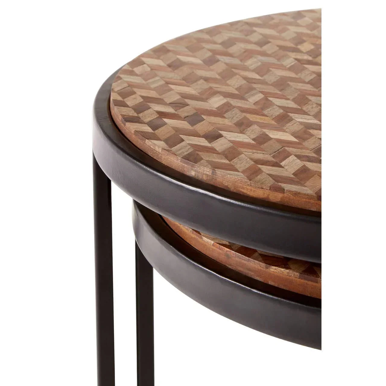 Round wooden nest of tables with black metal legs and geometric patterned tops