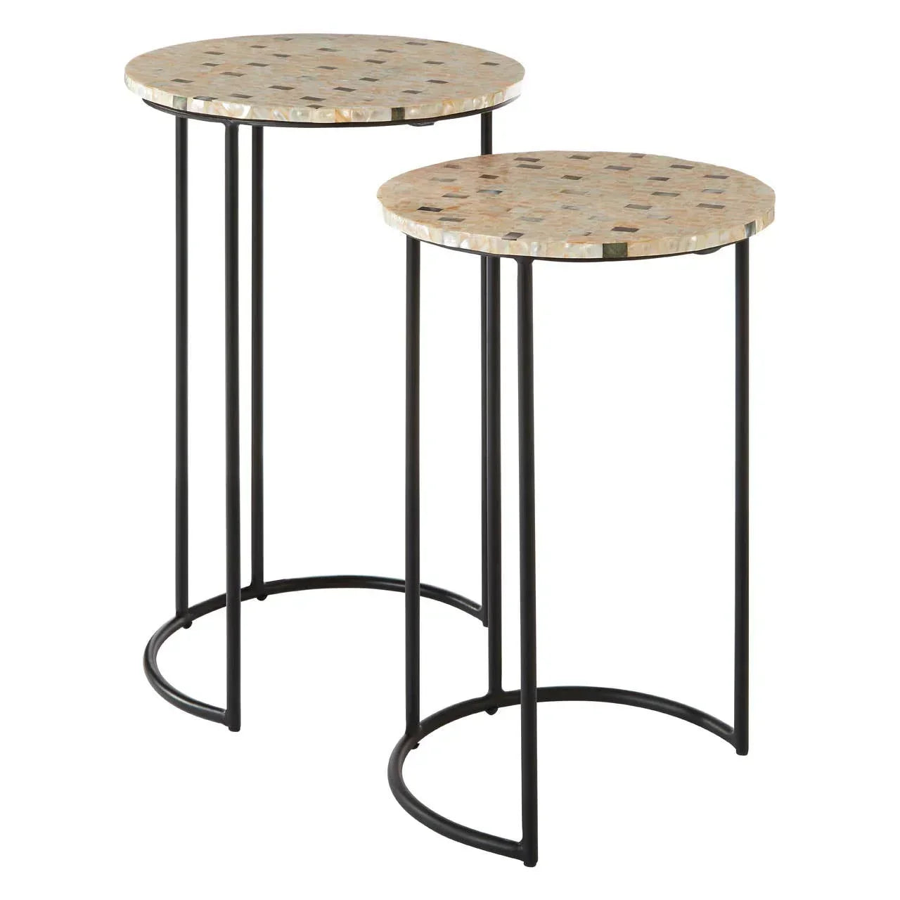 Set of two round mosaic top side tables with black metal legs, modern nesting design