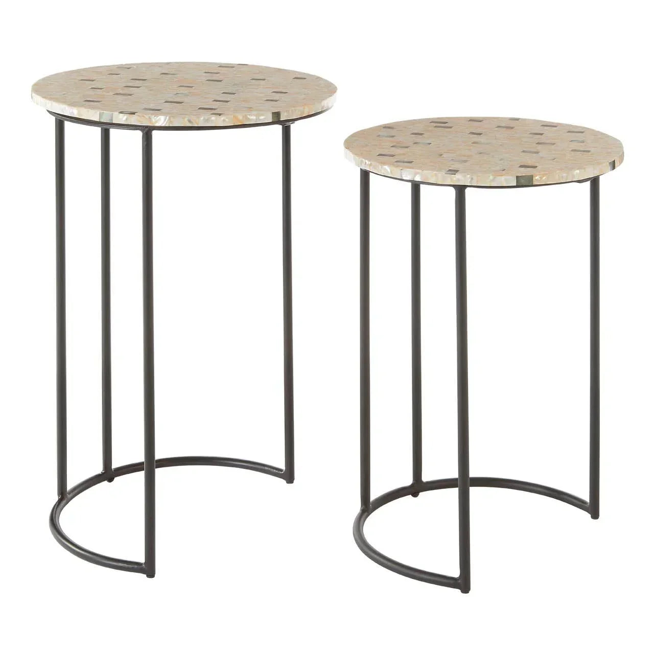 Set of two round side tables with terrazzo tops and black metal legs