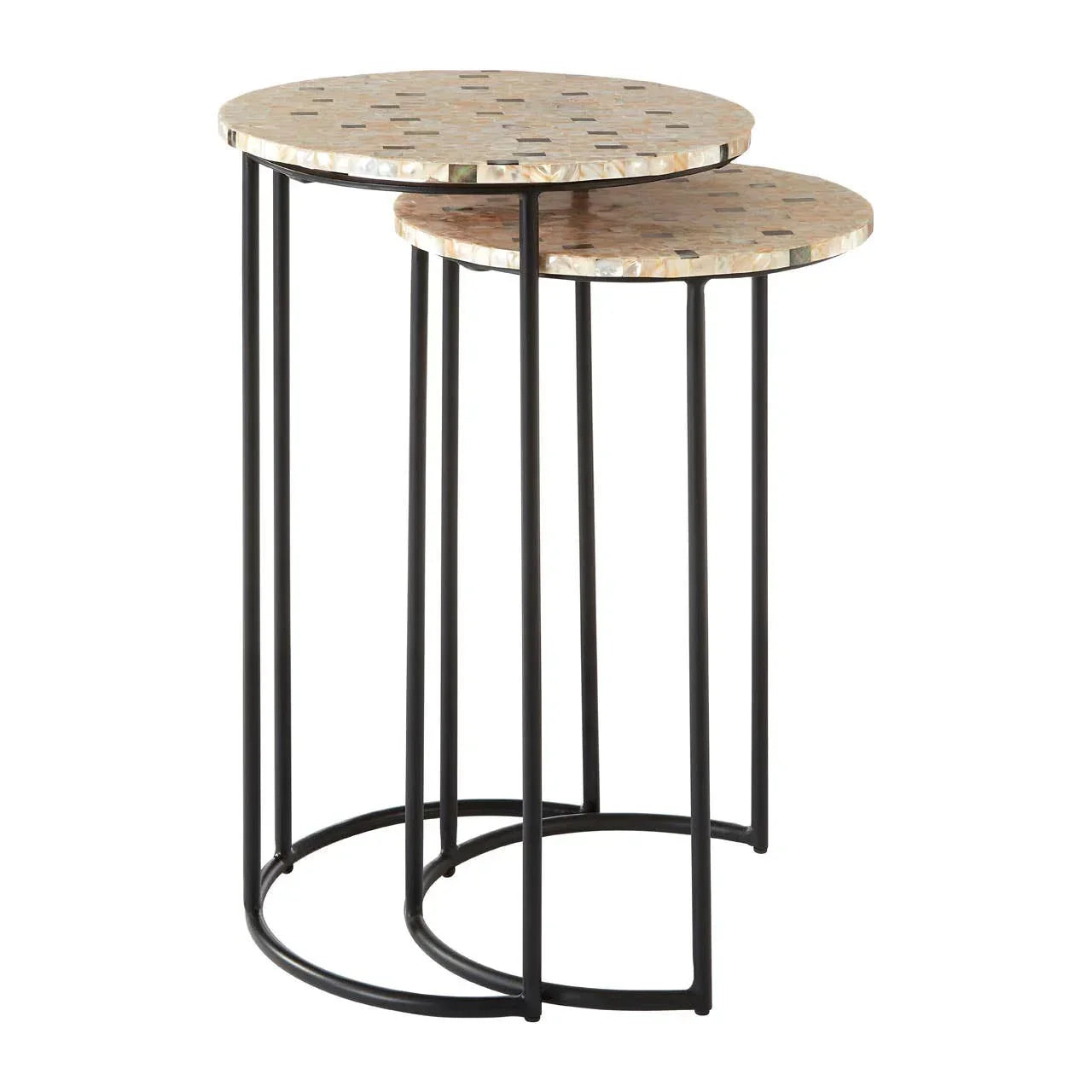 Round nesting tables with mosaic tops and black metal frames
