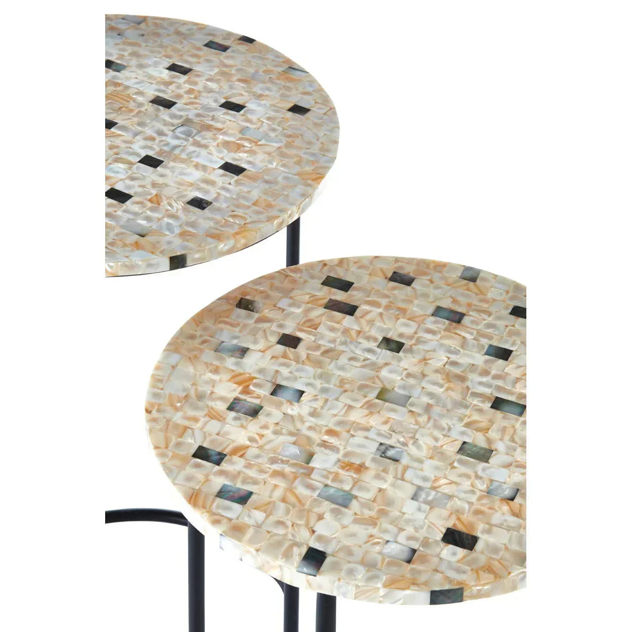 Round mosaic side tables with beige and black geometric tops on slim black legs
