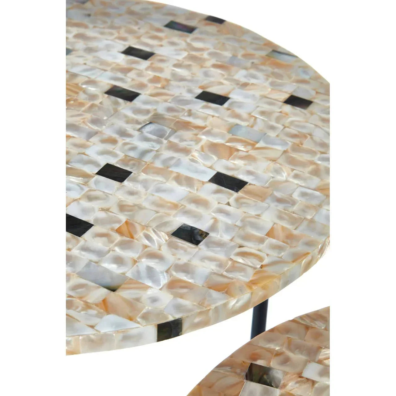 Round accent table with cream and black mosaic mother of pearl inlay top