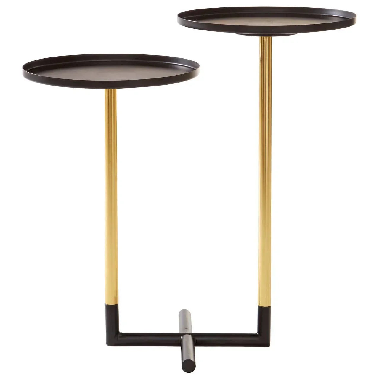 Black and gold metal side table with two round trays and modern cross base