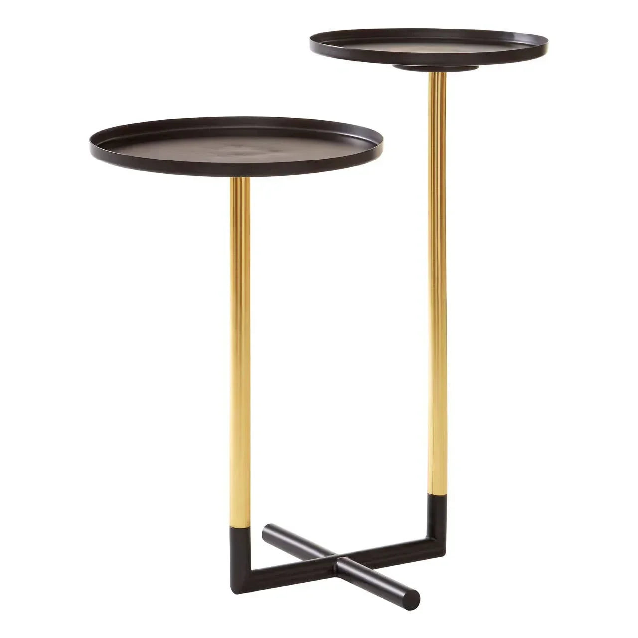 Round black and gold metal side tables with cross base, modern living room accent furniture