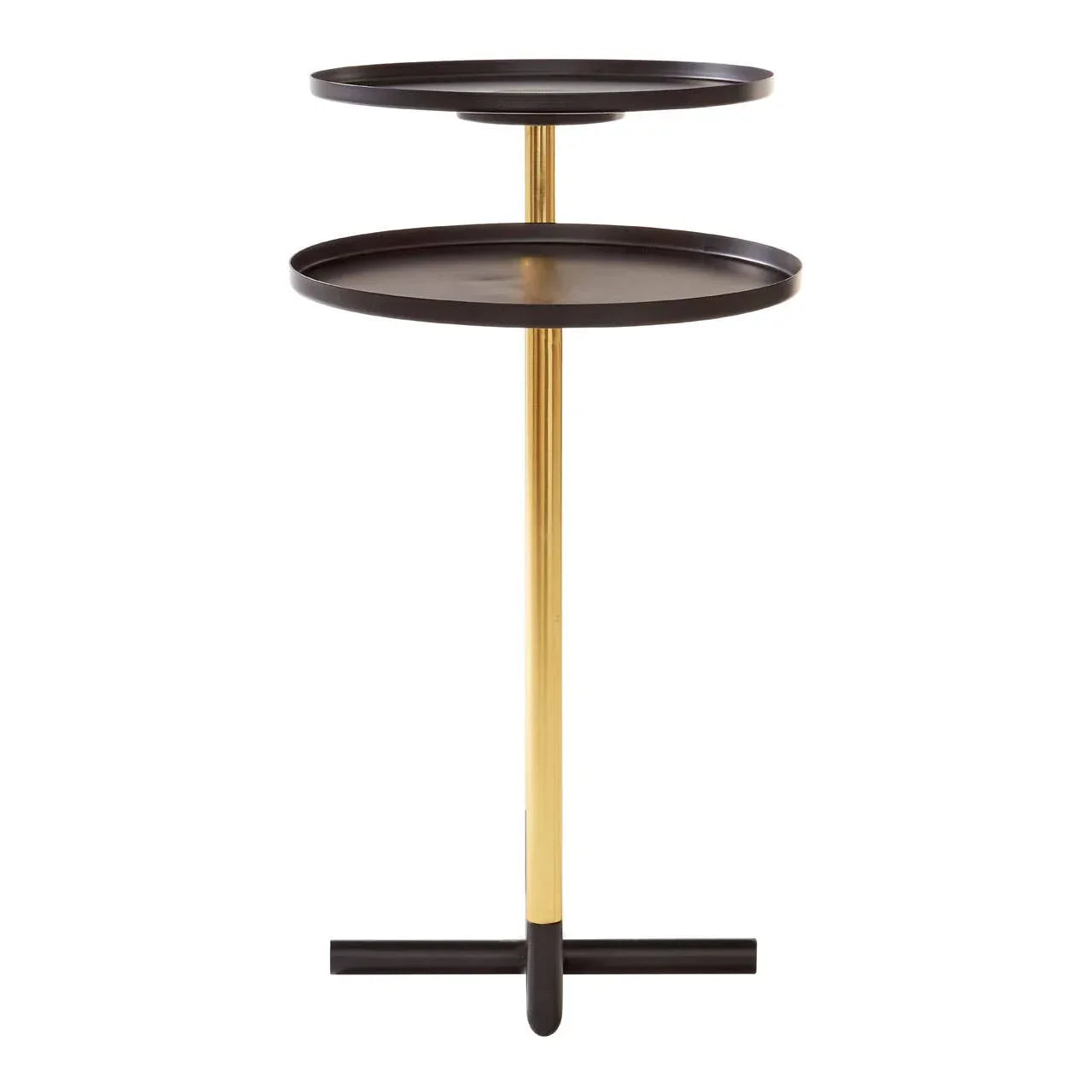Black and gold metal side table with two round tiers and minimalist base