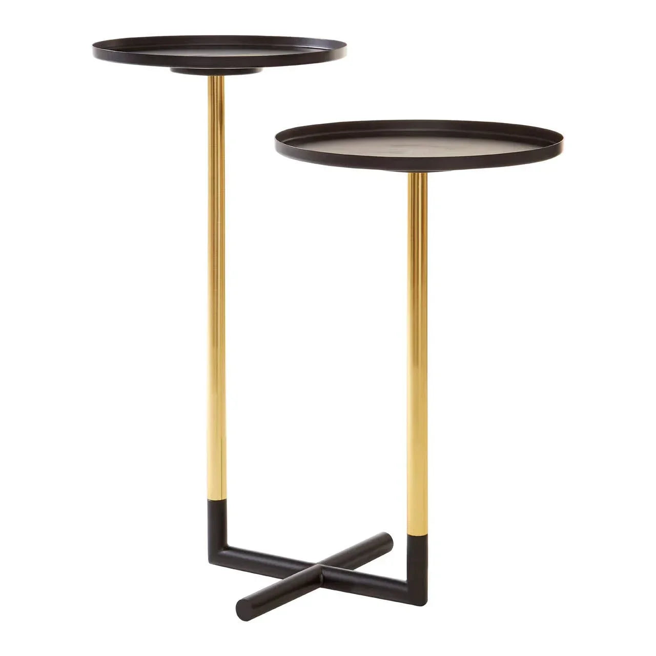 Black and gold metal nesting side tables with round tops and modern cross base design