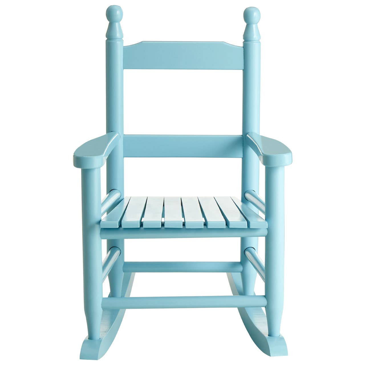 A light blue wooden rocking chair designed for kids, featuring a slatted seat and backrest, with rounded armrests and decorative spindles on the back. The chair has a smooth finish and a classic rocking base