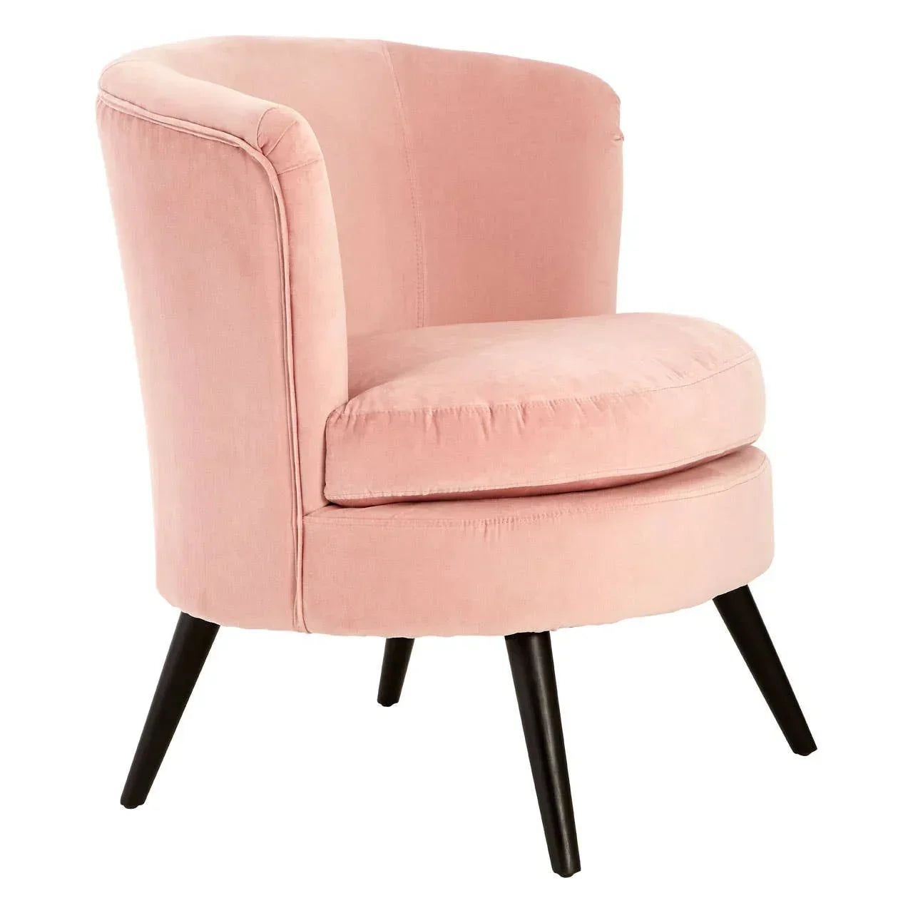 Pink velvet accent chair with curved backrest and black wooden legs