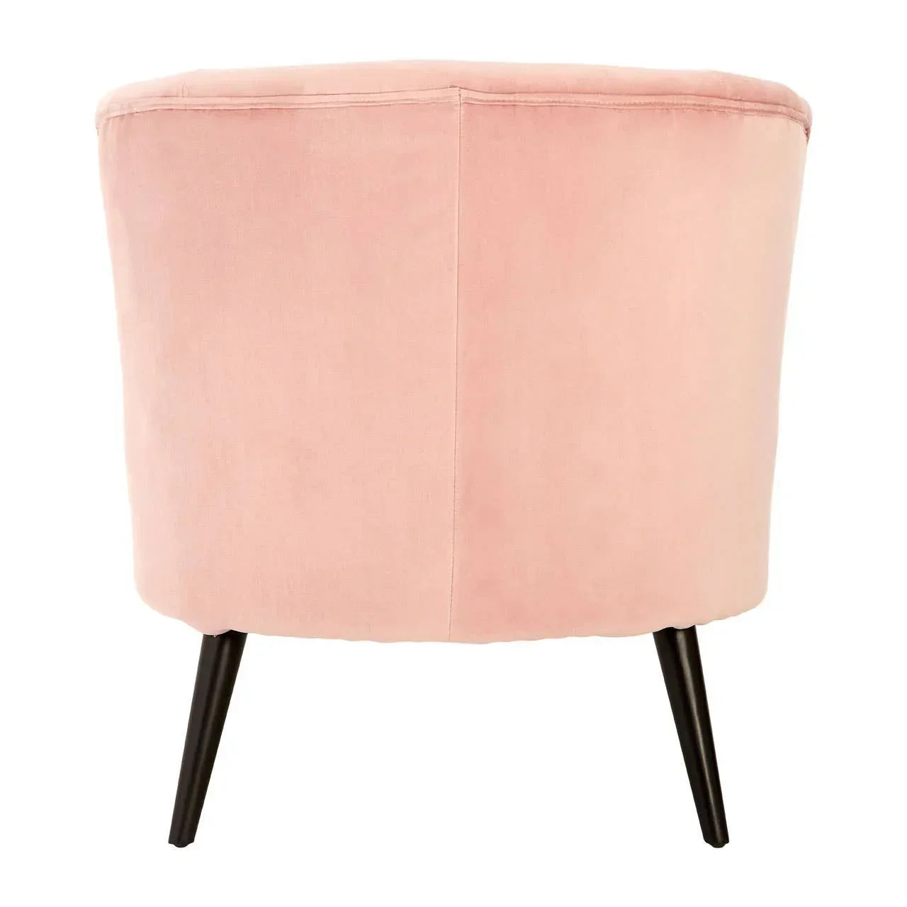Back view of pink velvet accent chair with black metal legs
