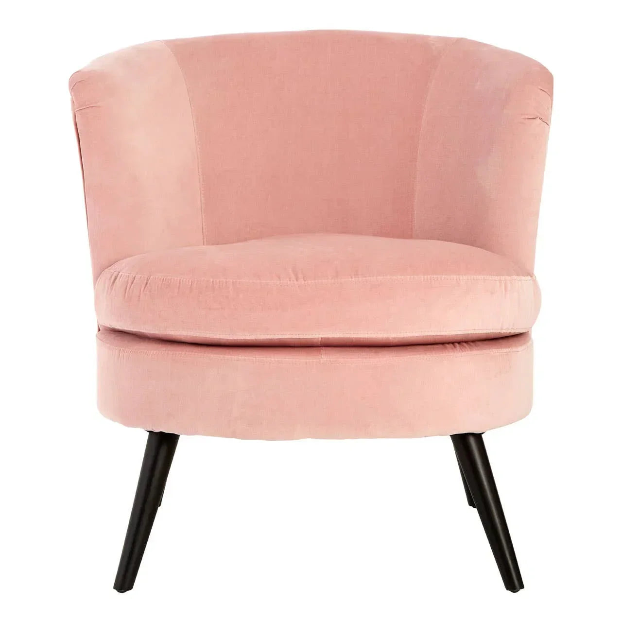 Pink velvet accent chair with curved backrest and black angled legs