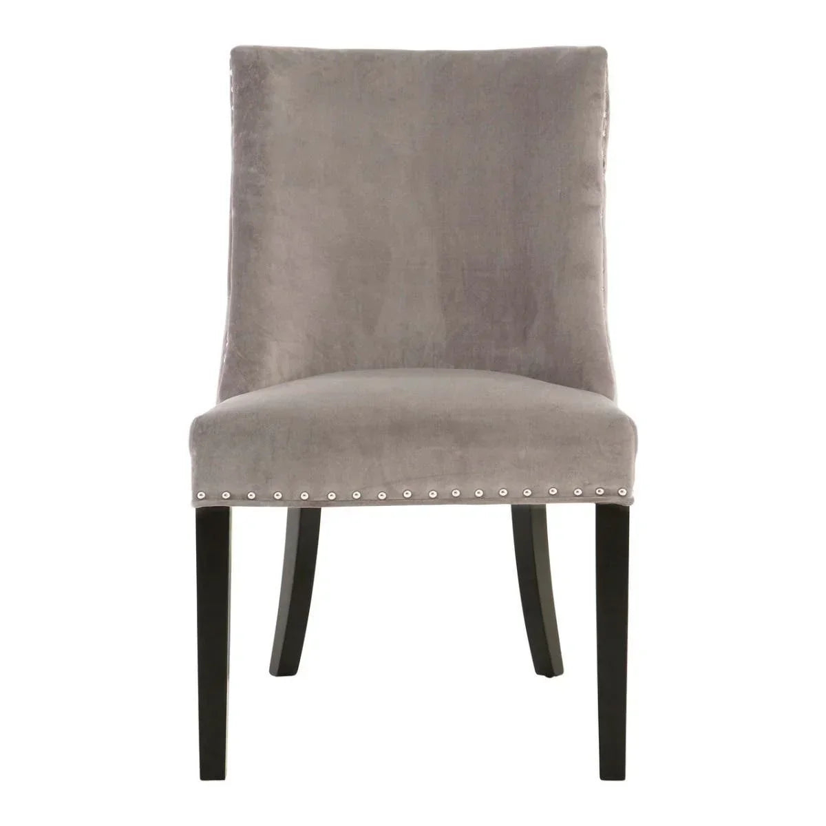 Grey velvet dining chair with silver stud detailing and black wooden legs, front view