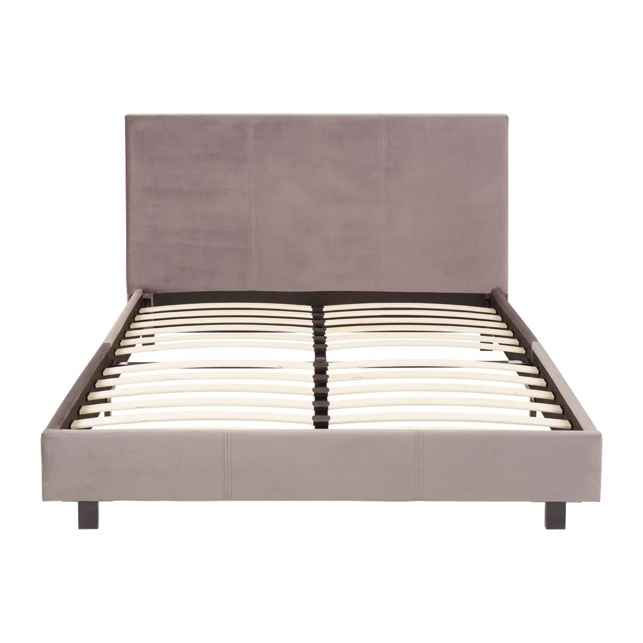 Grey upholstered bed frame with slatted wooden base and tall rectangular headboard front view
