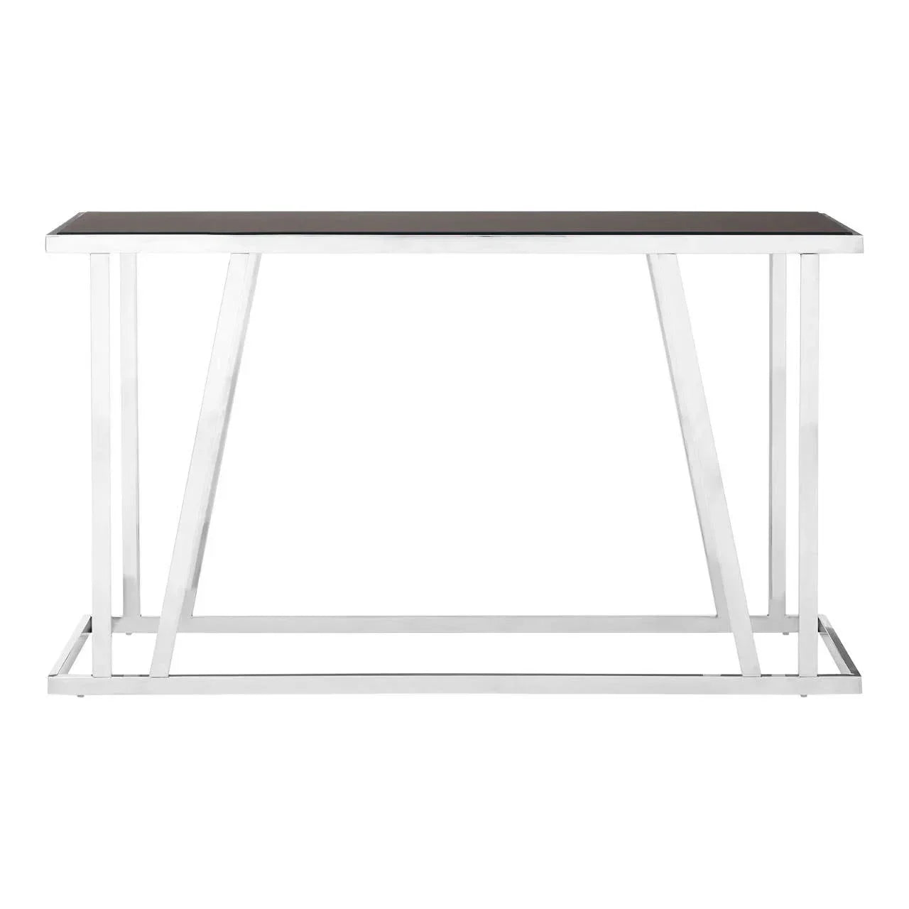 Modern console table with rectangular dark top and chrome metal frame, front view