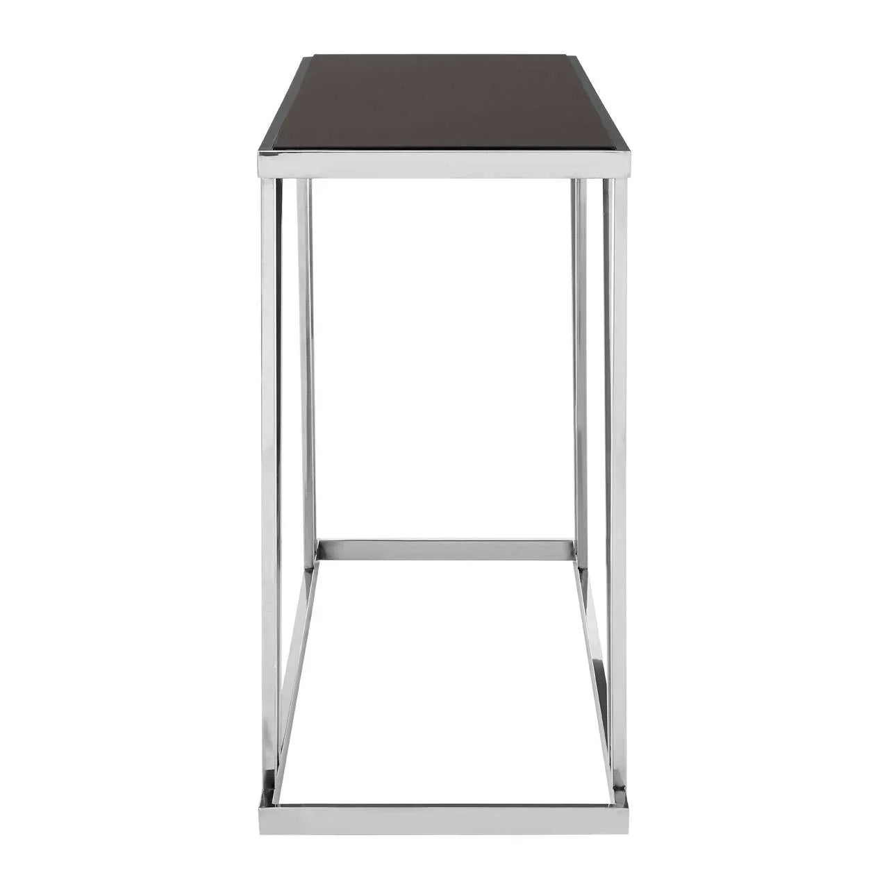 Chrome frame console table with black glass top, side view