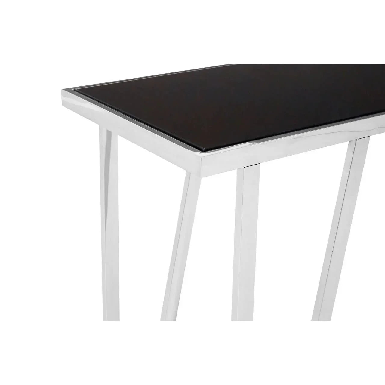 Black glass console table with chrome legs, angled view highlighting tabletop and frame