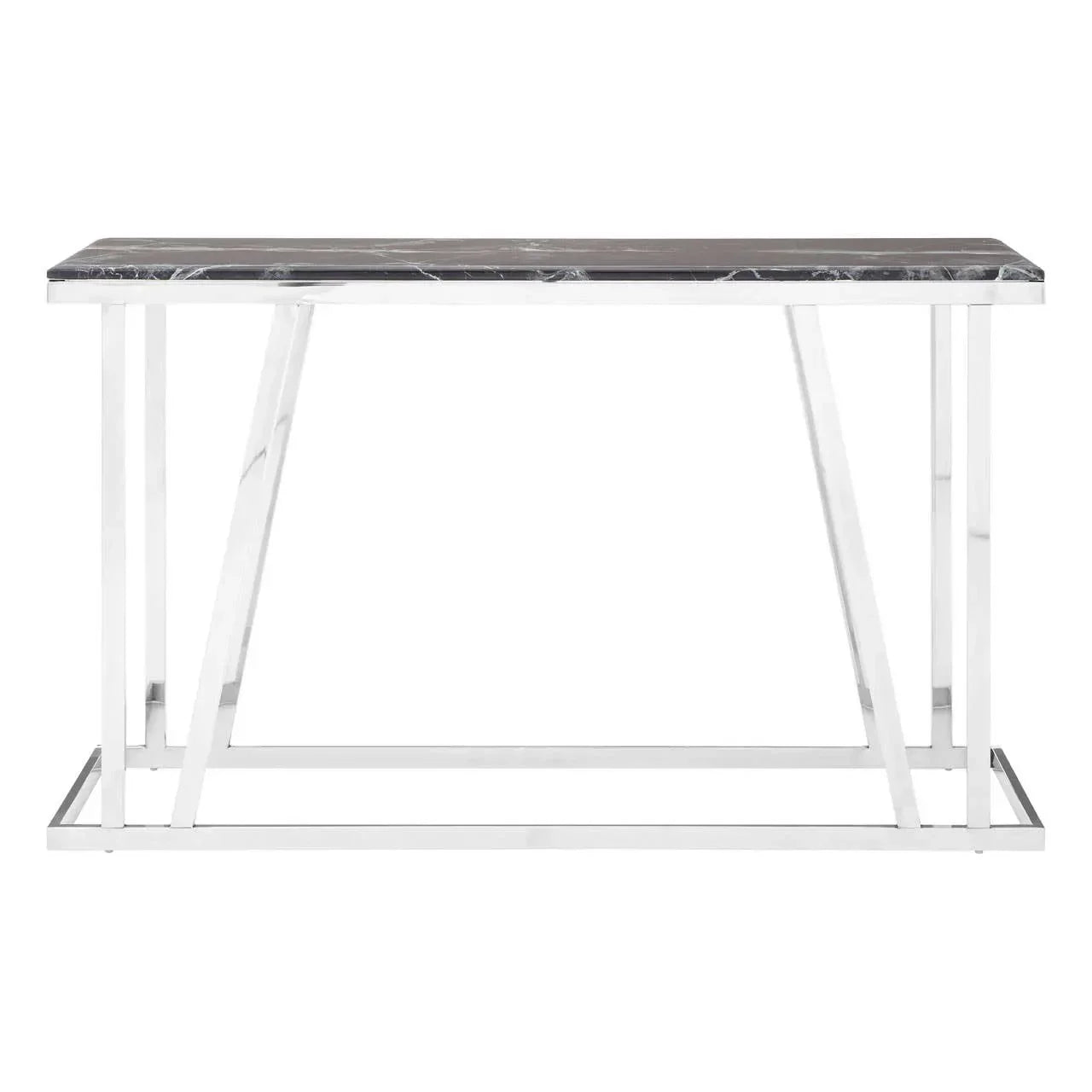 Modern console table with black marble top and chrome metal legs, front view