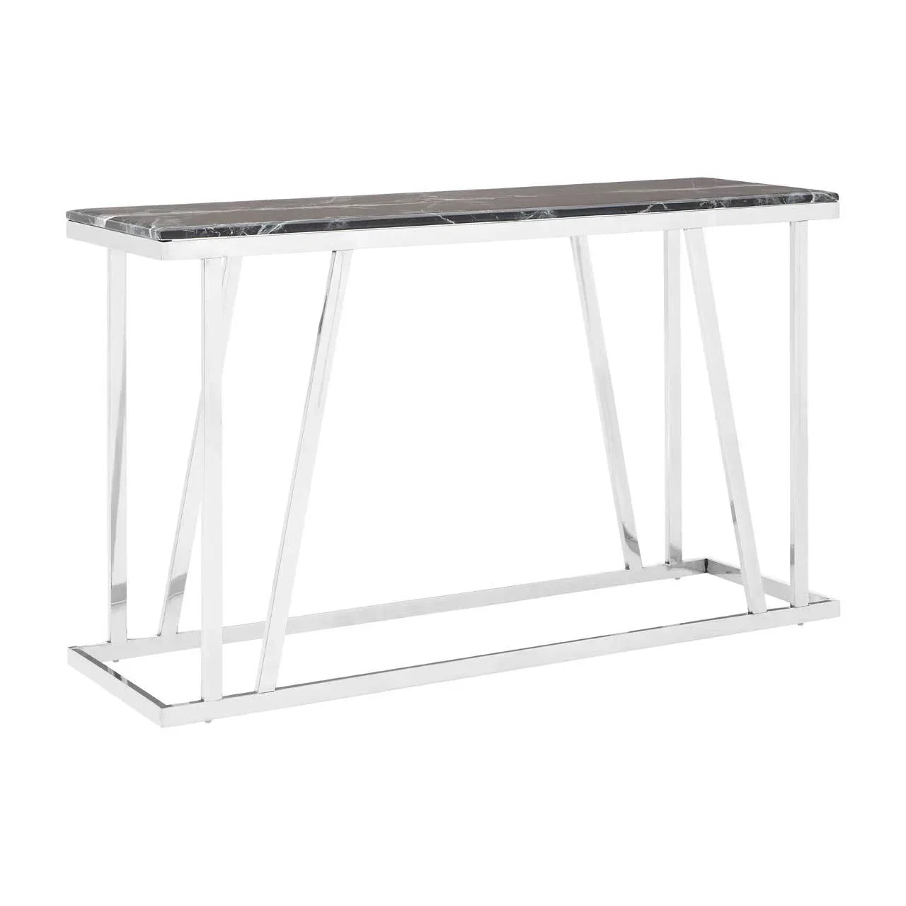 Modern console table with black marble top and chrome metal frame