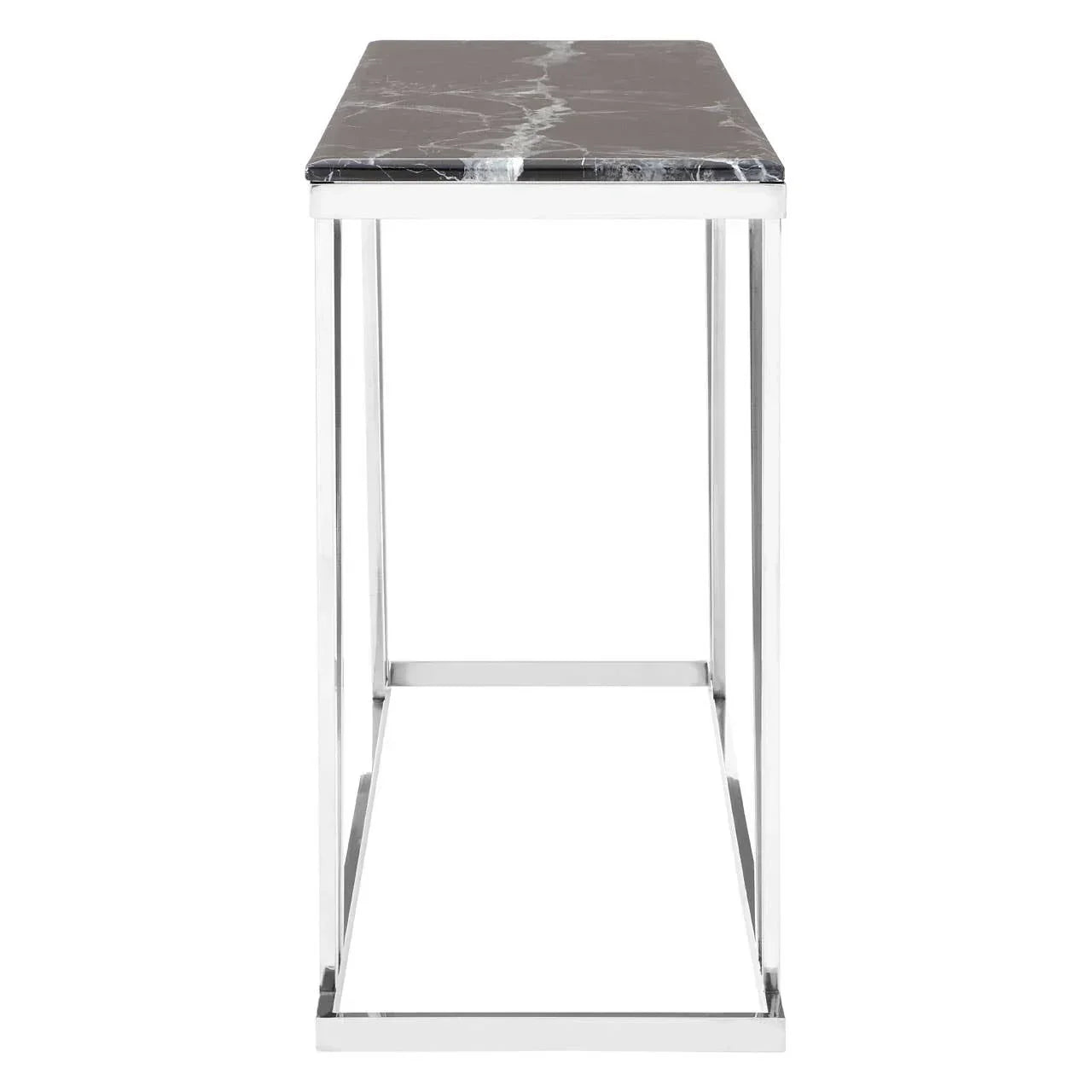 Narrow console table with black marble top and chrome metal frame, side angle view