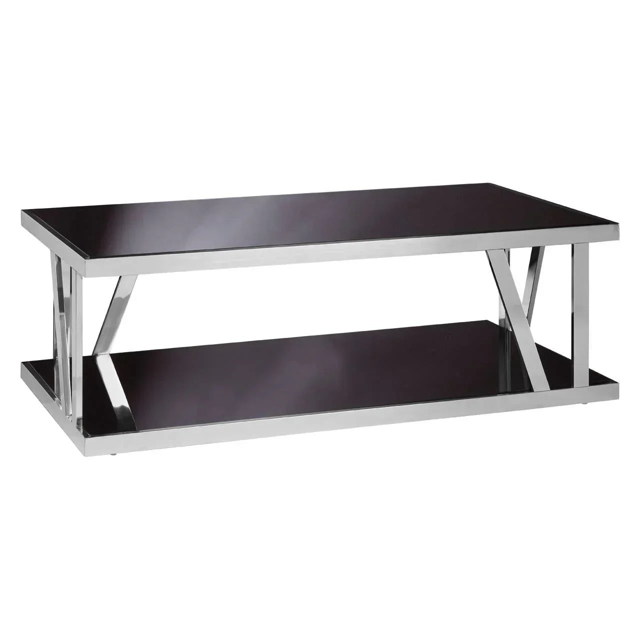 Black glass coffee table with chrome frame and lower storage shelf