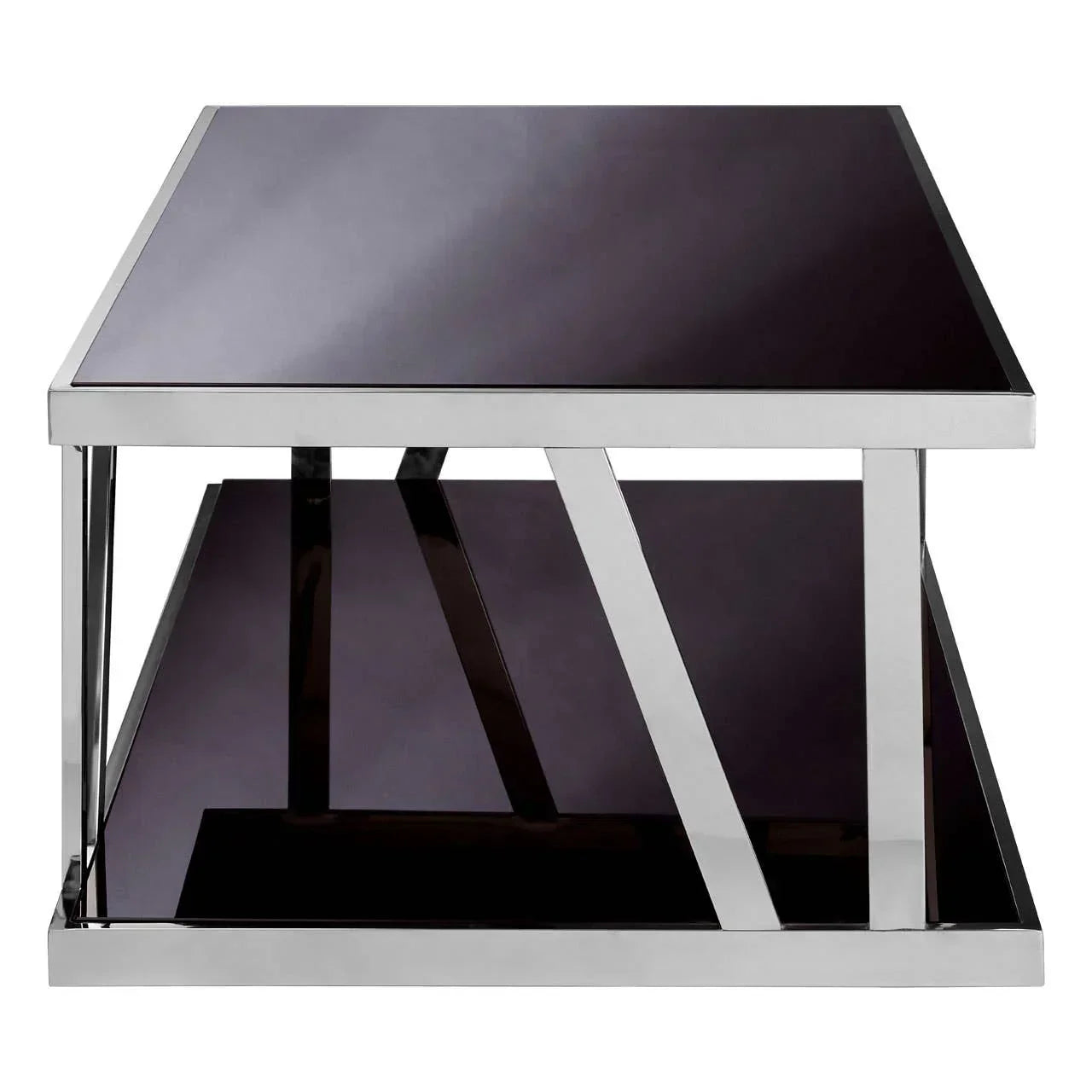 Modern glass coffee table with chrome frame and black shelf, front angle view