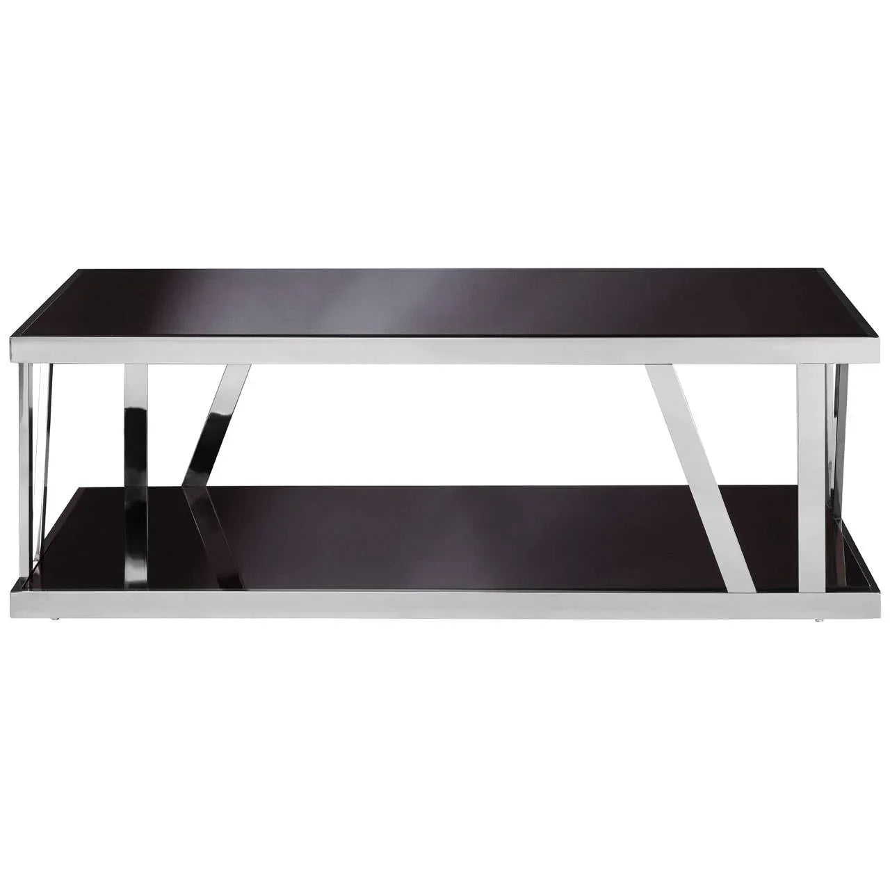 Black glass coffee table with chrome metal frame and lower shelf, front view