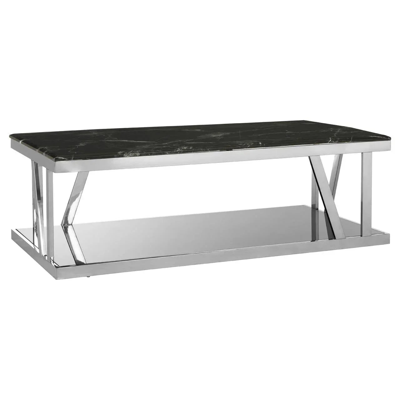 Rectangular black marble coffee table with chrome metal frame and lower mirrored shelf