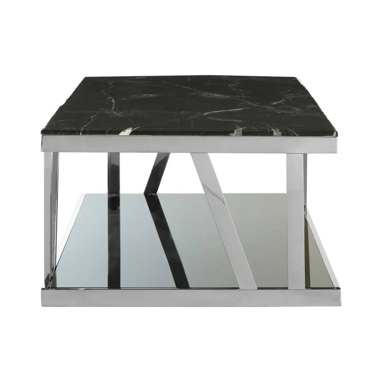 Modern coffee table with black marble top and chrome frame, side view