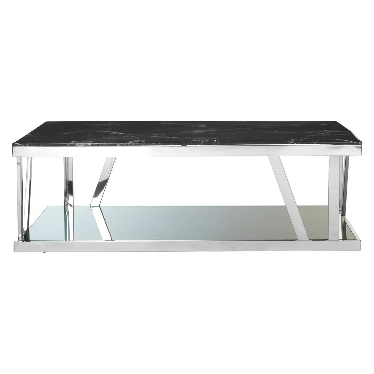 Rectangular coffee table with black marble top, chrome frame, and mirrored lower shelf