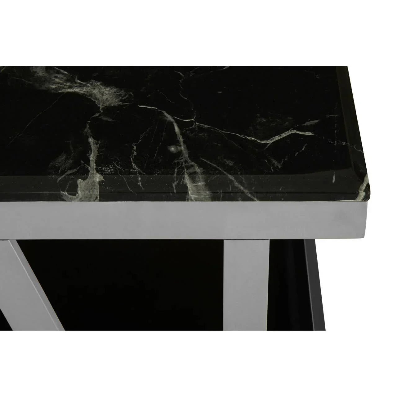 Black marble tabletop with chrome metal frame corner detail