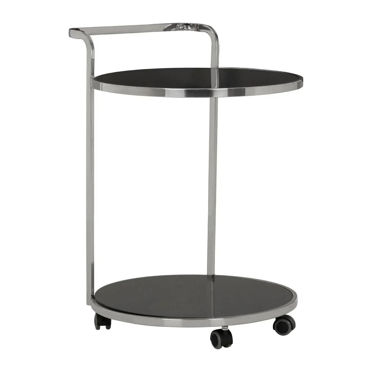 Modern round glass drinks trolley with chrome frame and two shelves on castor wheels