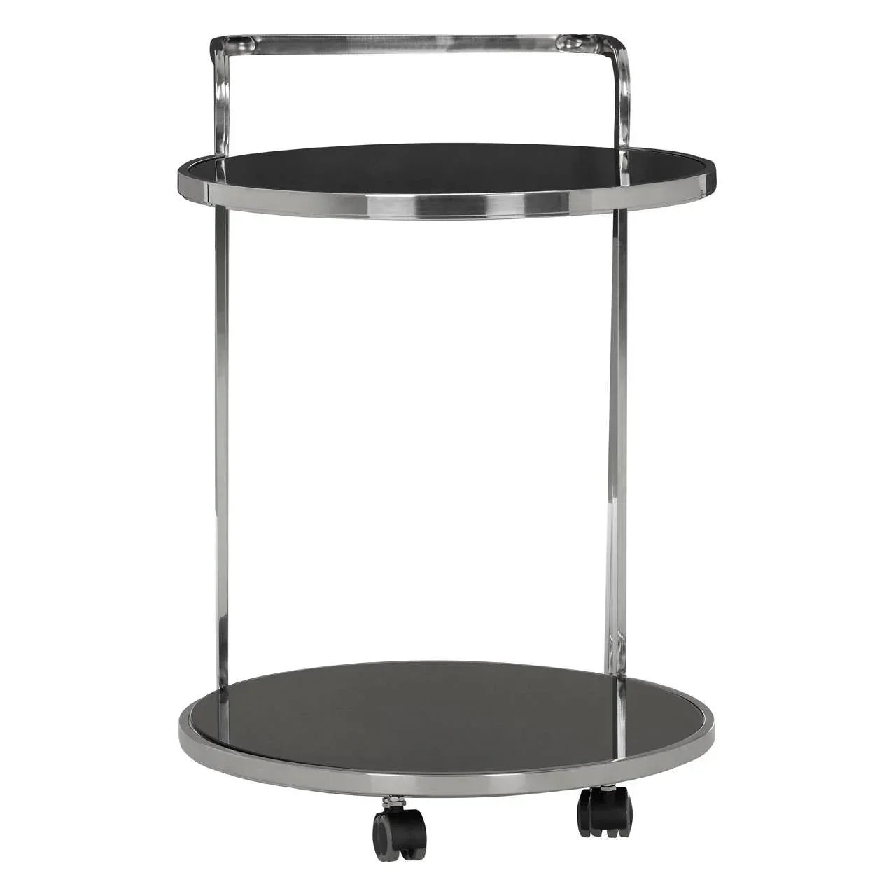 Round chrome and glass drinks trolley with two shelves and wheels