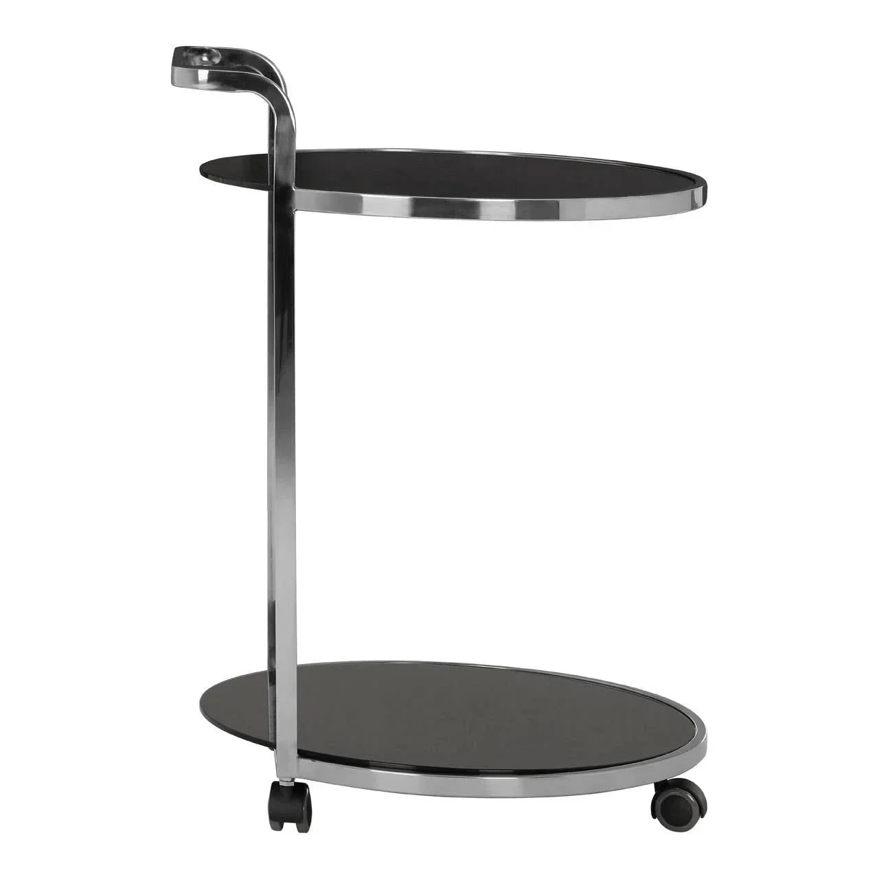 Black glass and chrome drinks trolley with two shelves and wheels, side view