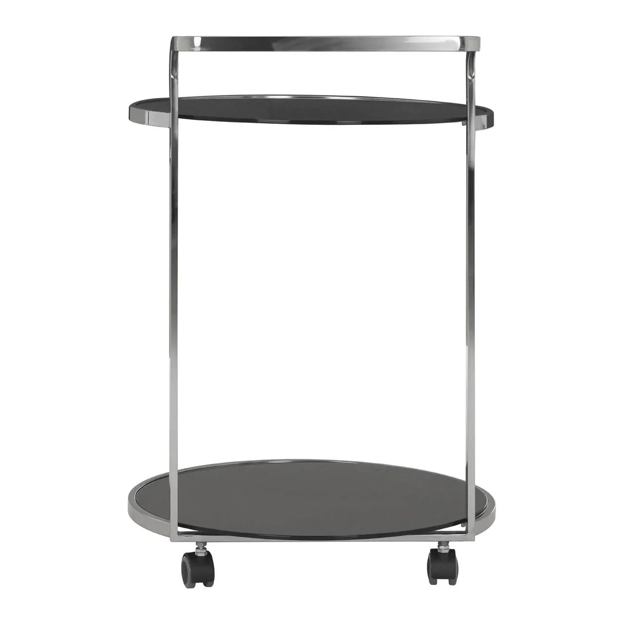Black glass and chrome drinks trolley with two shelves and castor wheels front view