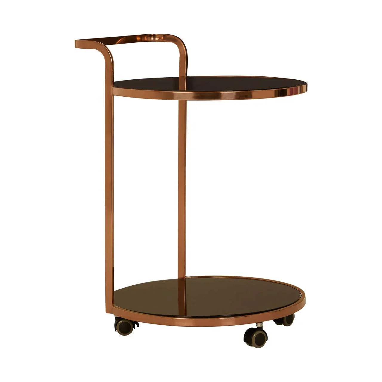 Round gold metal drinks trolley with two glass shelves and four caster wheels