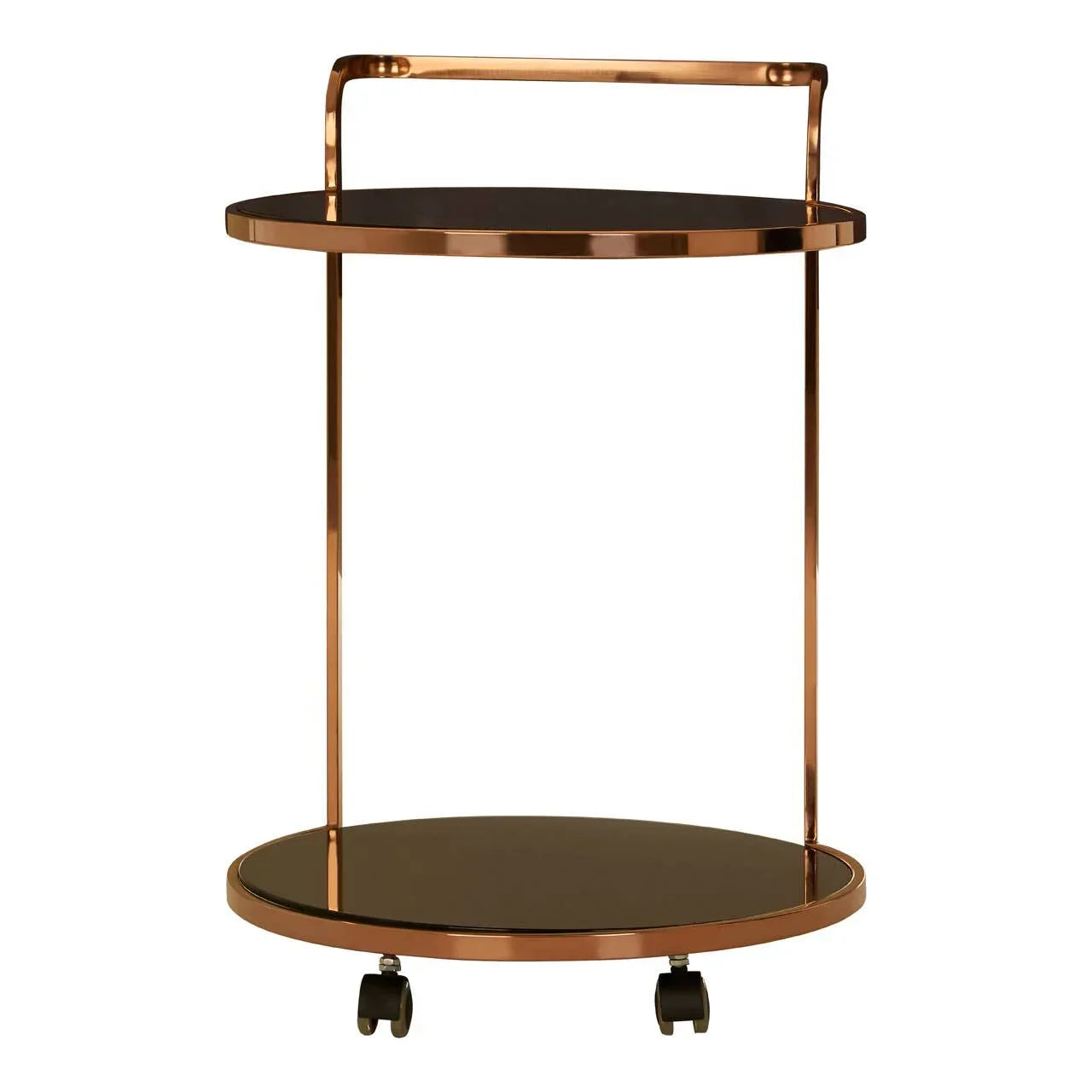 Round gold bar cart with black shelves and wheels, modern two-tier drinks trolley