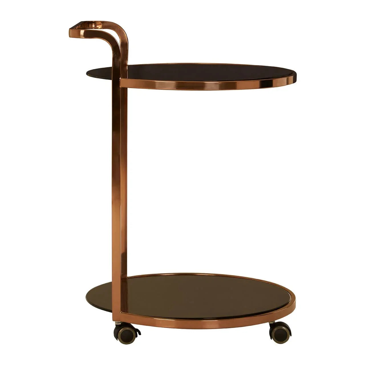 Round gold drinks trolley with glass shelves and wheels, shown from side view