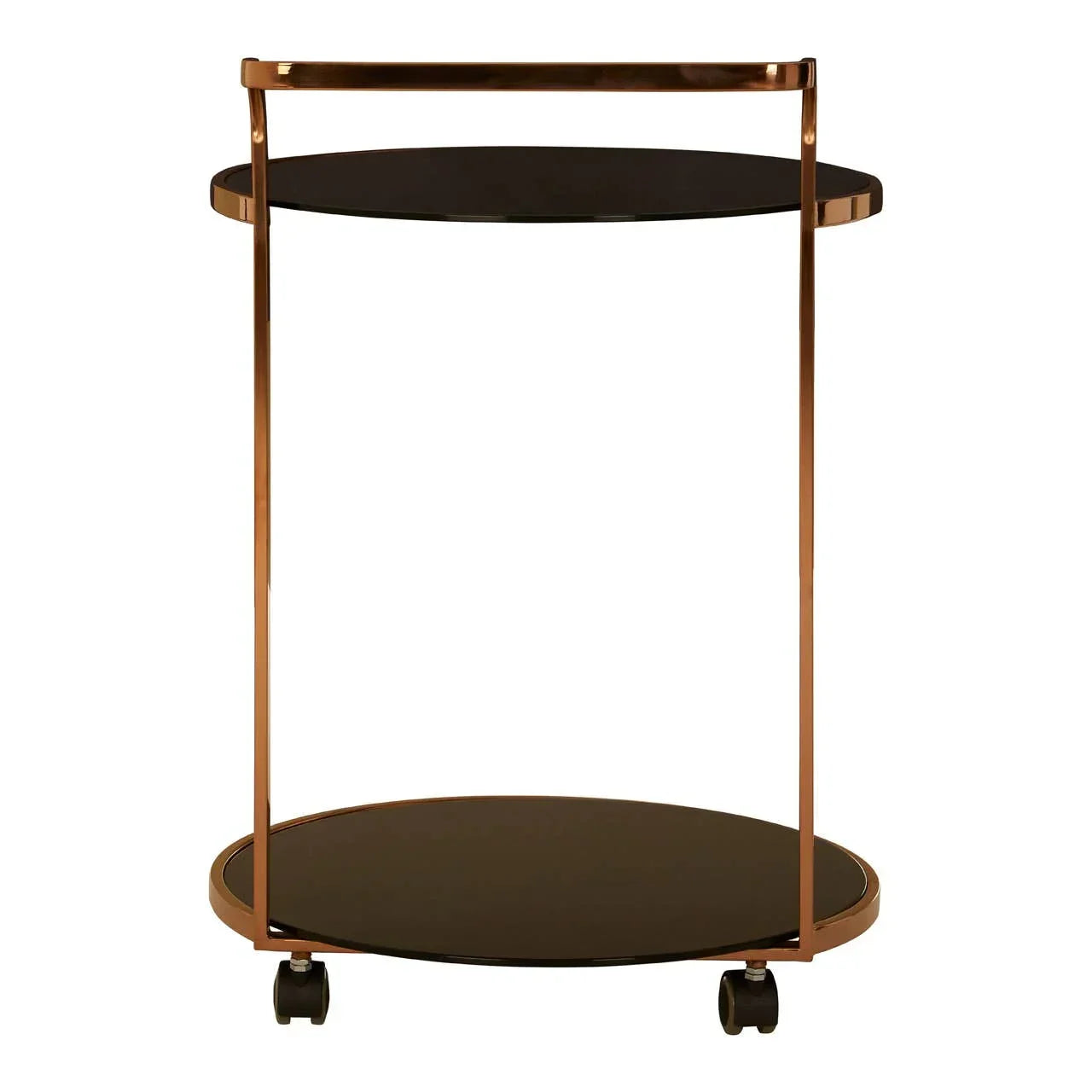 Round gold metal drinks trolley with black glass shelves and wheels, front view