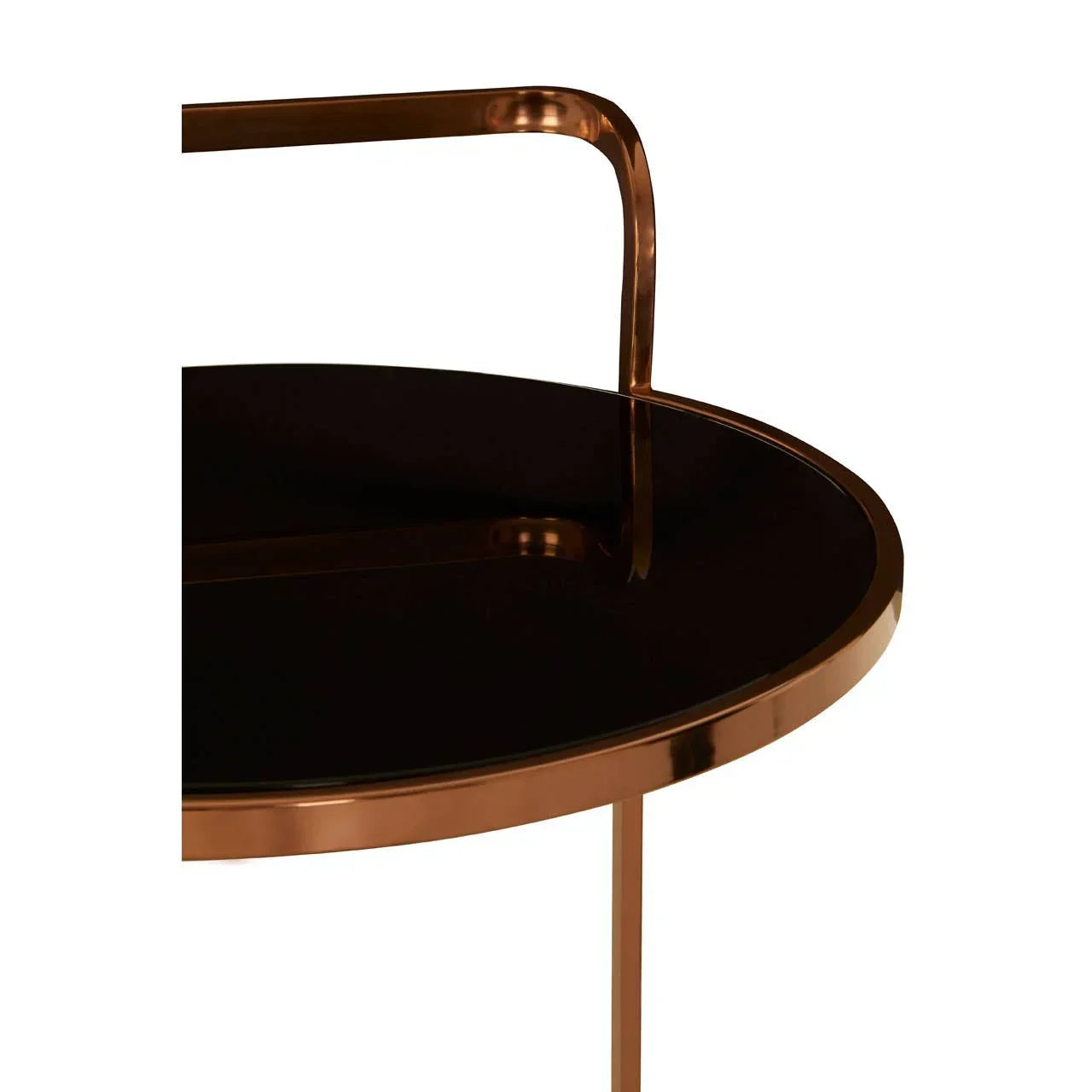 Round side table with black glass top and gold metal frame, partial close-up view