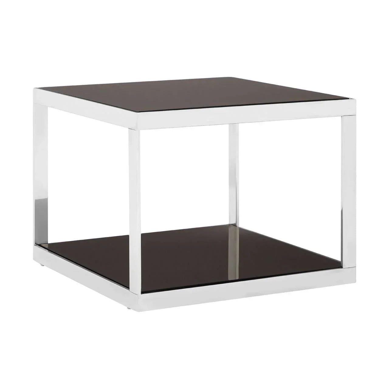Square side table with chrome frame and black glass top and shelf
