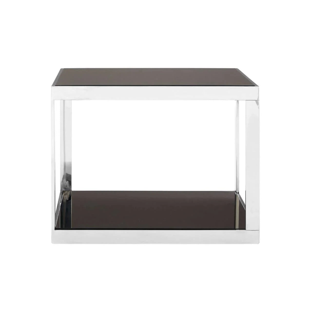 Chrome and black glass side table with lower shelf, modern square design