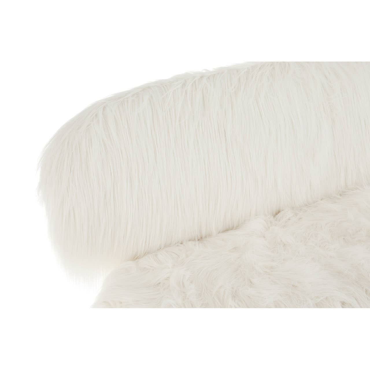 Soft, plush faux fur upholstery in a creamy white color covers the backrest and seat of a two-seater sofa, complemented by sleek black legs that provide a modern contrast. The overall design exudes a cozy and inviting aesthetic, perfect for enhancing any living space