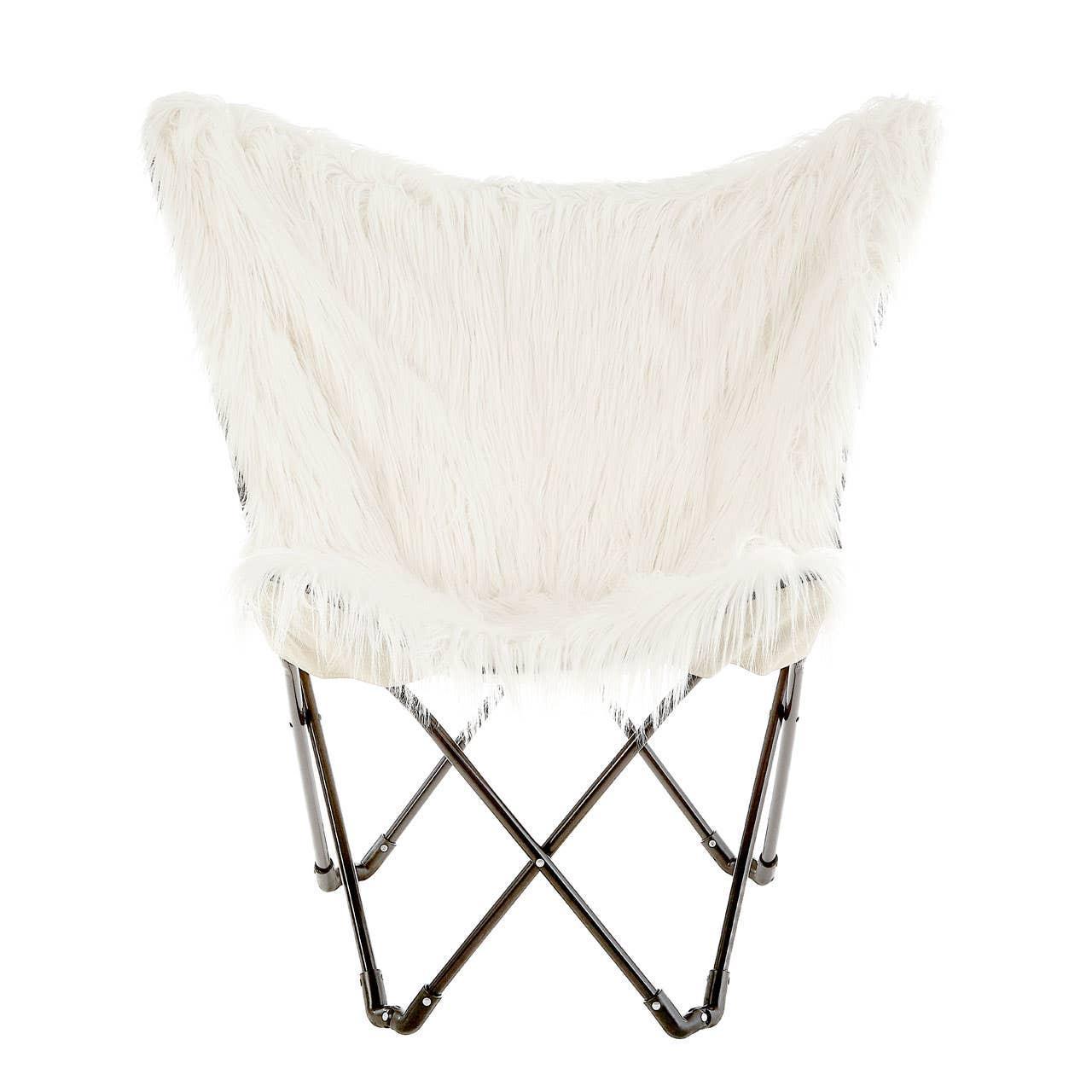 White faux fur accent chair with metal folding legs front view