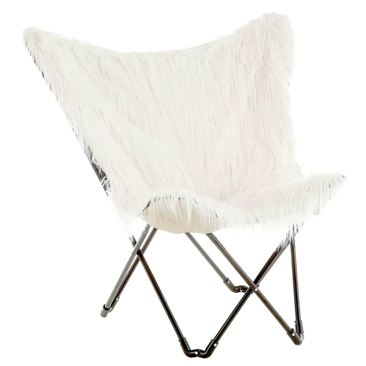 White faux fur accent chair with chrome frame and angled butterfly design