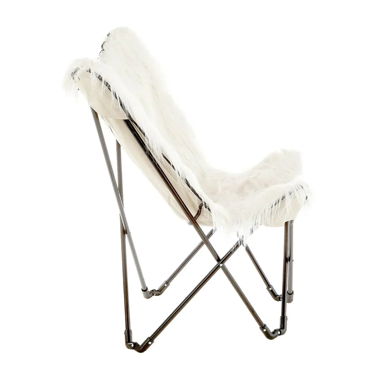 White faux fur butterfly chair with black metal frame side view