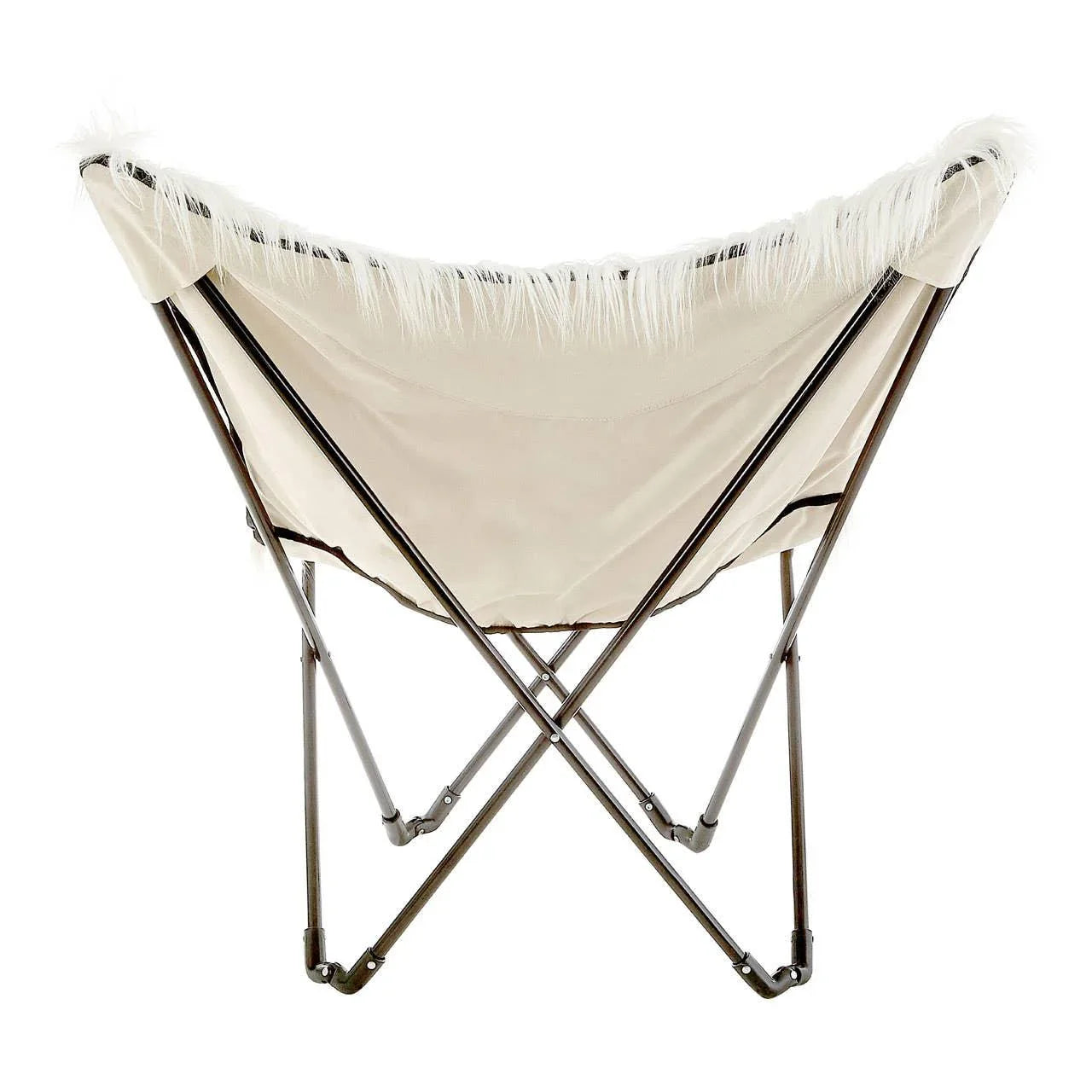 Cream butterfly chair with metal frame and faux fur trim, rear view