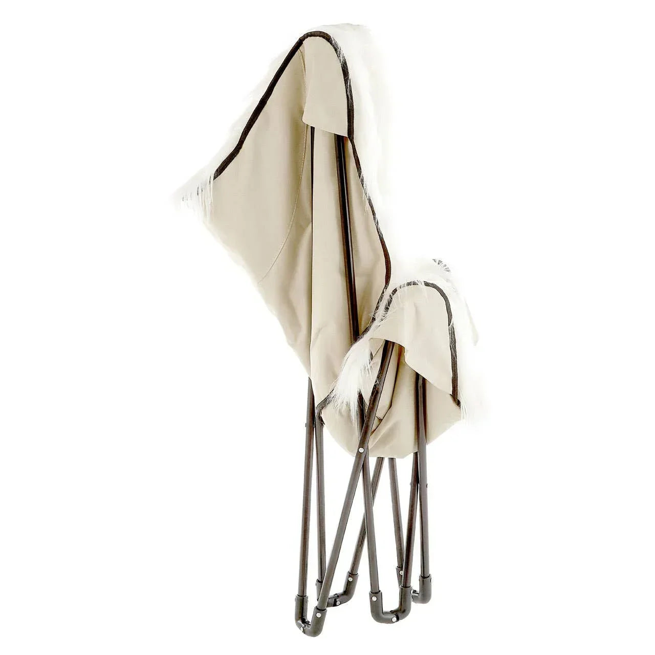 Beige folding chair with metal frame and white faux fur trim in upright position
