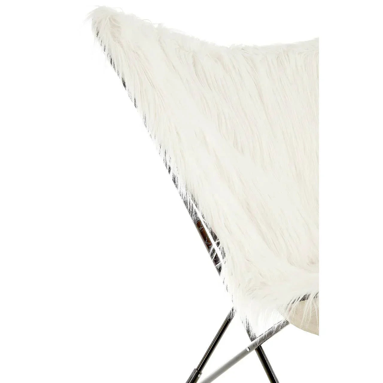 White faux fur accent chair with metal legs, close side view highlighting texture